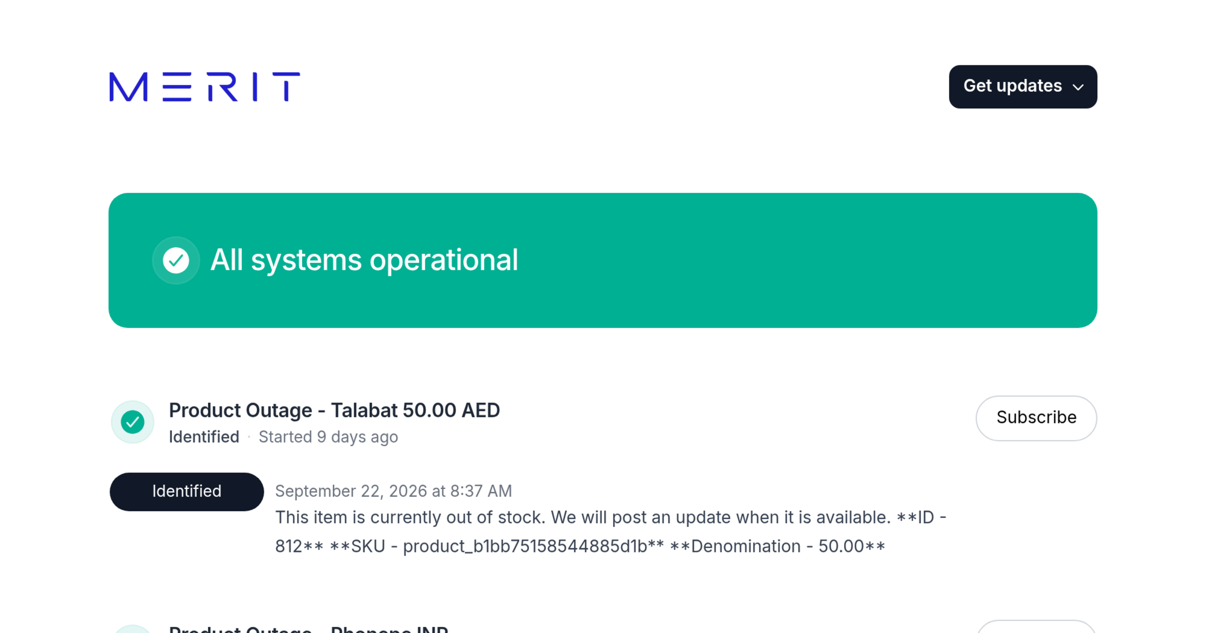 Product Status Page - Status